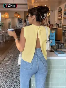 Women's Solid Fitted Tie Back Sweater Vest, Casual Sleeveless Knit Top for Spring & Fall, Fashion Women's Knitwear for Daily Wear