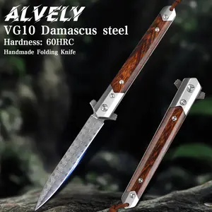 ALVELY Japanese Damascus steel, sanded 340 steel head + American ironwood, outdoor portable Damascus folding knife EDC folding knife