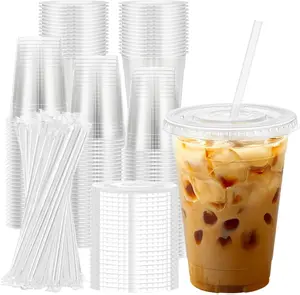 100 Pack 16 oz Clear Plastic Cups with Lids and Straws, Disposable Plastic Coffee Cups with Lids for Iced Coffee, Cold Beverages, Smoothies and To-Go Drinks