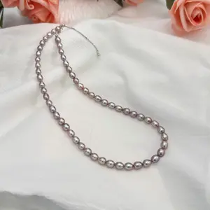 Genuine Pearl Necklace Freshwater Metalic Purple Pearl Strand S925 Naturally Grown 6-7mm Rice Shape Casual Daily Wearing Accessory