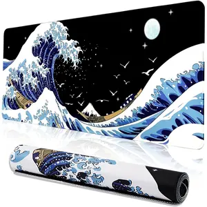 Gaming Mouse Pad for Desk,Large Wave Mousepad Laptop,Black Japanese Anime Mouse Mat,Long XXL Waterproof Keyboard Pads,Big Non-Slip Mousepads for Game Office Home