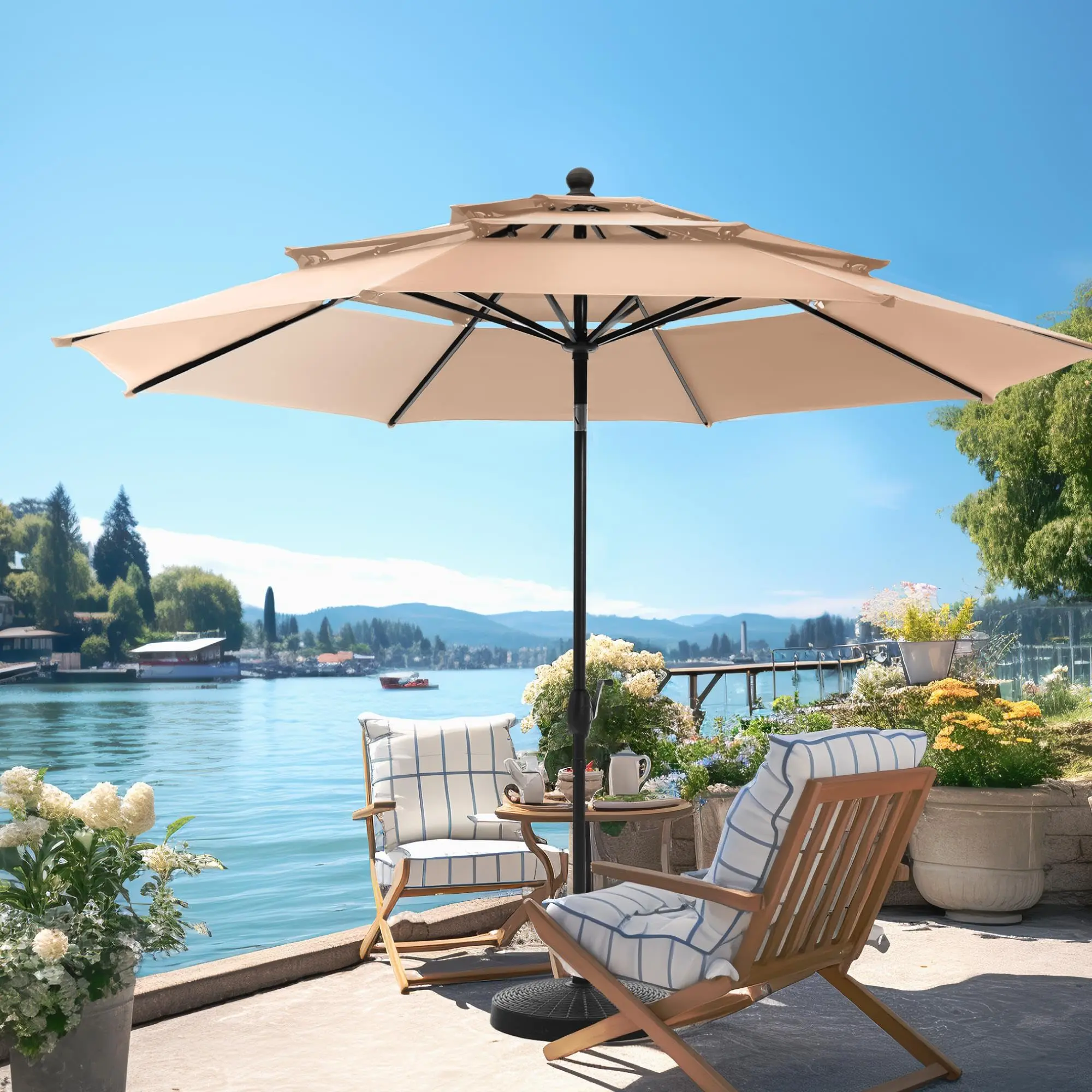 PHIVILLA 10ft Patio Umbrellas without Base, Outdoor 3 Tier Vented Large Market Table Umbrella with 8 Sturdy Ribs for Lawn Poolside Garden Terrace Furniture Modern