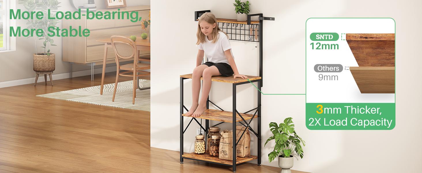 SNTD Bakers Rack with Power Outlet, Kitchen Shelves Microwave Stand with Wire Grid and 10 Hooks, 4 Tiers Coffee Stand