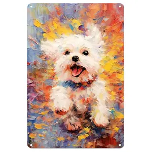 Dog Wall Art Metal Sign Cute White Puppy Funny Abstract Pet Poster Painting Simple Animal Modern Aesthetic Home Decor For Living Room Kids Bedroom Durable Aluminum 8 X 12 Inch