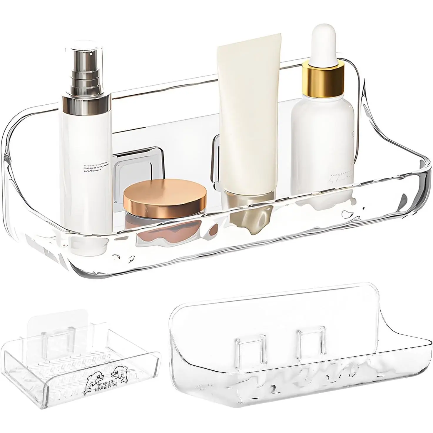 3pcs Clear Shower Shelves, Acrylic Wall Mount Organizer, No Drilling Clear with Soap Dish Bathroom Shelf Shower Set, Wall Mount Shower Caddy for Bathroom, Kitchen, Living Room