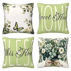 Spring Pillow Cover, Flower, Plant, Butterfly, Animal Pattern, Rural Style Cushion Cover, Green Leaf Vase Pattern, Sofa Decoration, Suitable for Outdoor Living Room, 4-piece Set with Double sided Printing