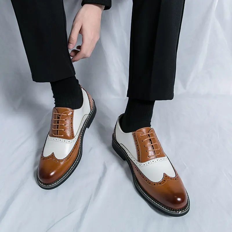 Men’s Classic Brown & White Wingtip Brogue Formal Oxfords - Lace-Up Cuban Ankle Plain All-Season Walking Shoes for Weddings, Prom, Formal Business Shoes, Wedding Wear, Oxford Dress Shoes, Footwear
