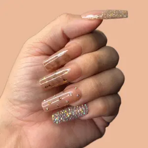 Suzy Gold Press On Nails High Gloss Long-lasting with Soft Gel & Rhinestone Gel-shaped Brown Gold Nails with Flash Reflective Glitter for Special Occasions