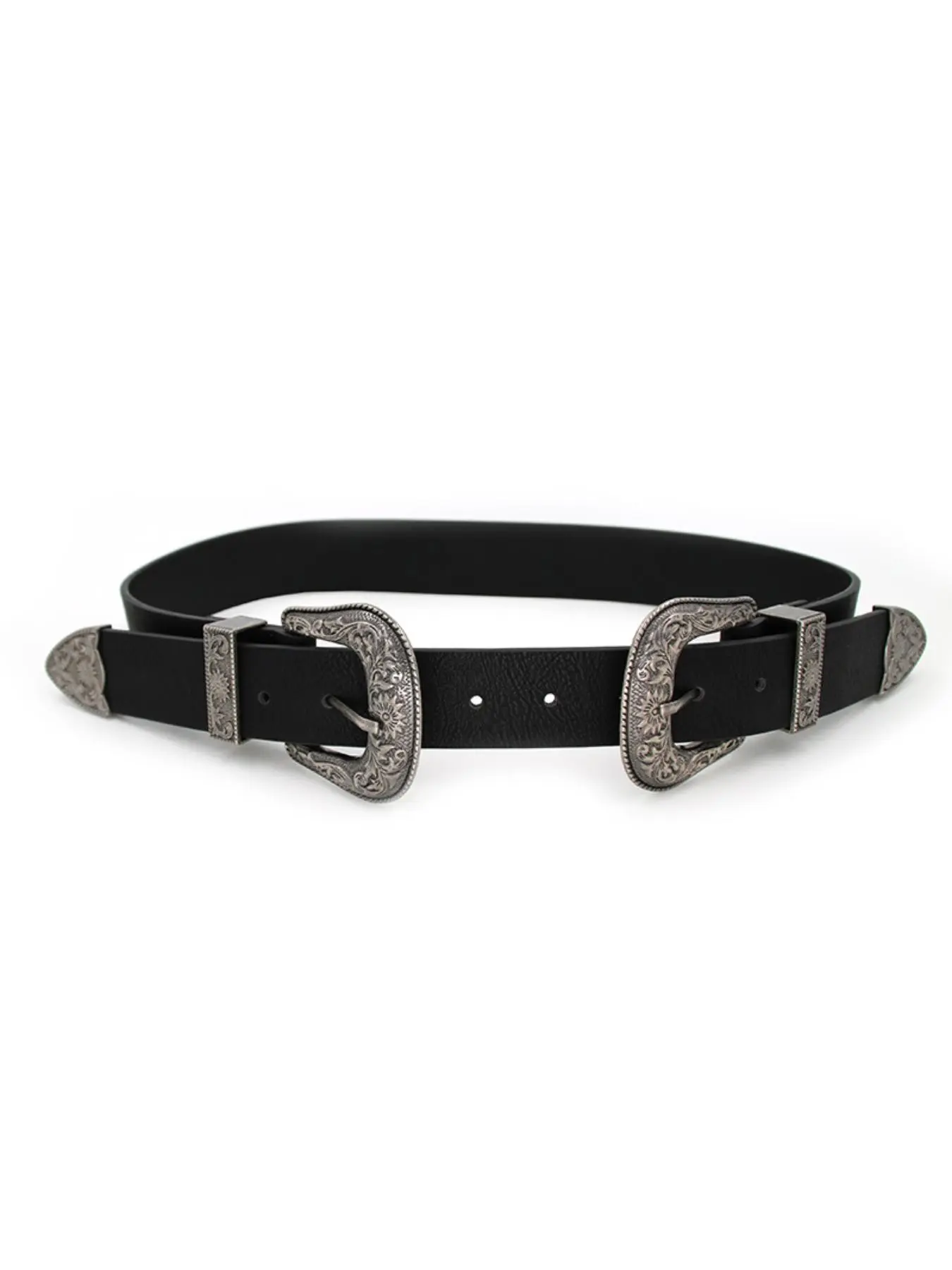 Fashion Retro Carved Double Buckle Metal Buckle Belt Western Cowboy Belts for Women, Gold/Silver Buckle Casual Waistband