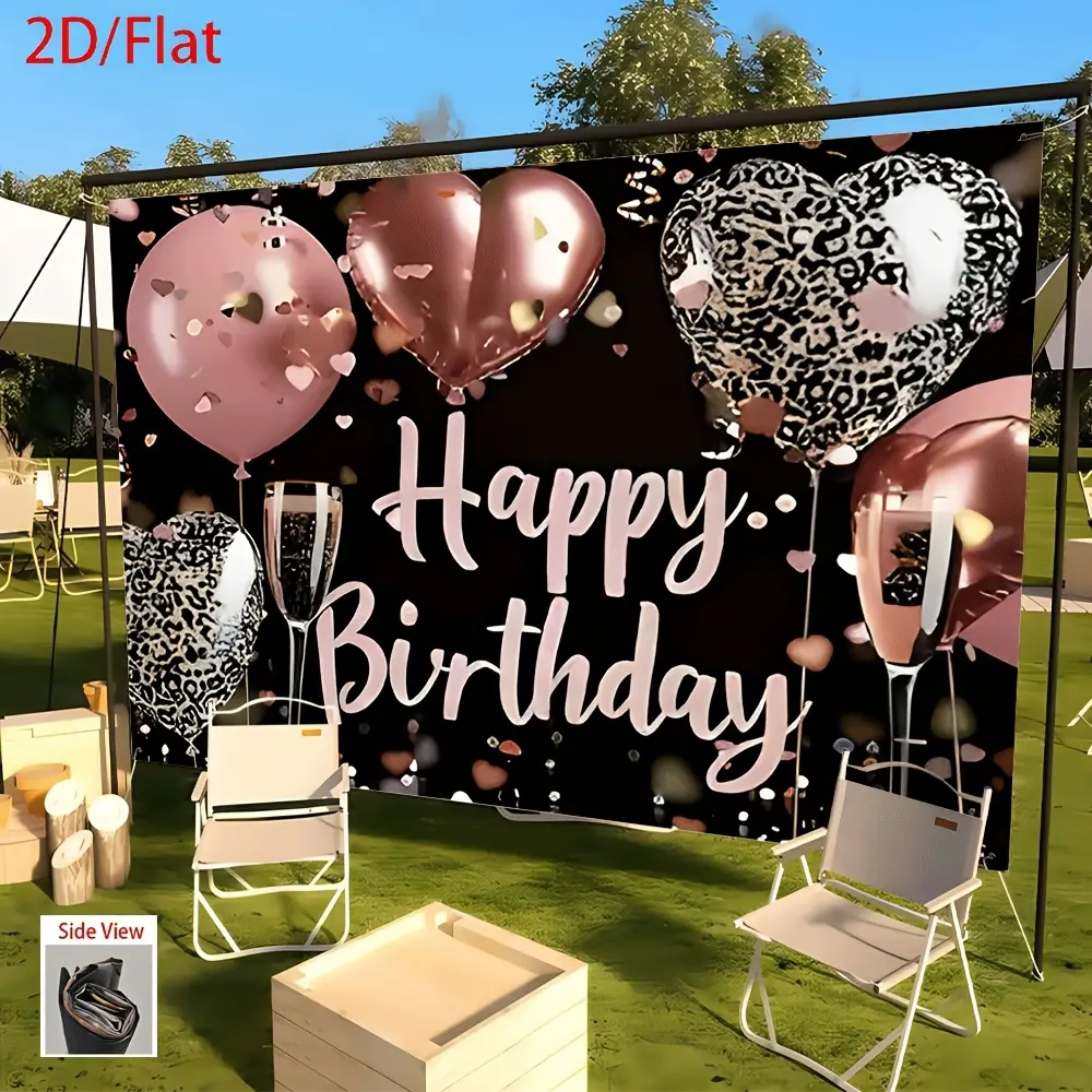 2D Flat, 1pc Happy Birthday Party Backdrop Banner with Balloons & Champagne - Black with Pink & White Heart Balloons, Golden "Happy Birthday" Text, Perfect for Home, Office, Bar, Cafe Decorations, Birthday Party Decorations