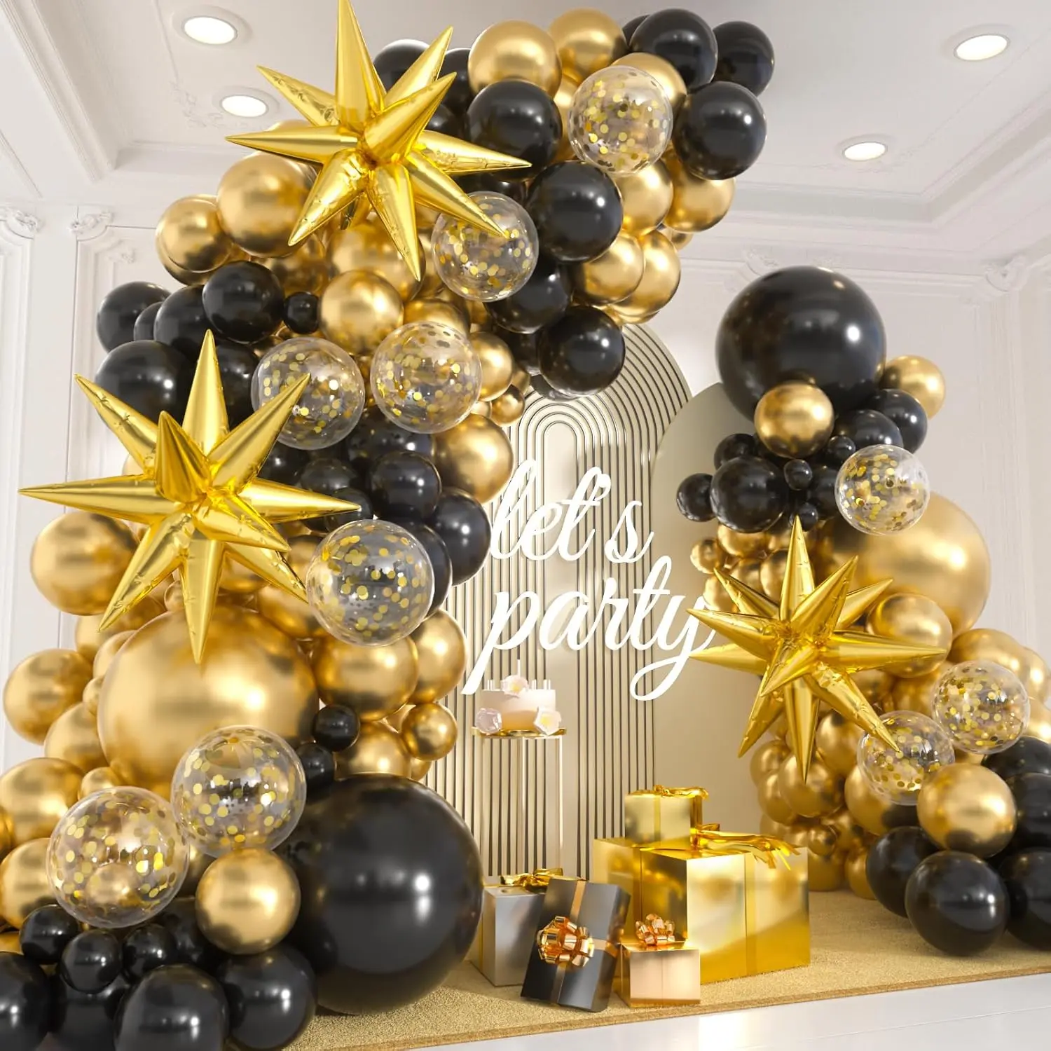 135pcs Black and Gold Balloons Garland Arch Kit with Confetti & Star Foil Balloons for Birthday Graduation Anniversary New Year Eve Party Decorations (5/10/12/18 Inch)