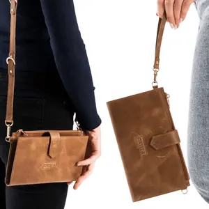DAYLEA 100% Genuine Leather RFID Blocking Wallet Clutch - 2-in-1 Wristlet & Shoulder Strap Crossbody Bag, Premium Real Leather Purse for Women, Cognac Color, Minimalist Fashion Travel Essential, Secure Card Holder