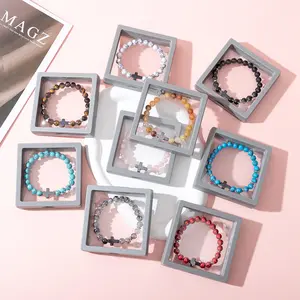 TTZZ Cross Beads Bracelet for Men Women, 8MM Beaded Bracelets Couples Bracelets,Lava Rock Turquoise Tiger Eye Natural Bracelet Anxiety Stretch Elastic Healing Bracelet