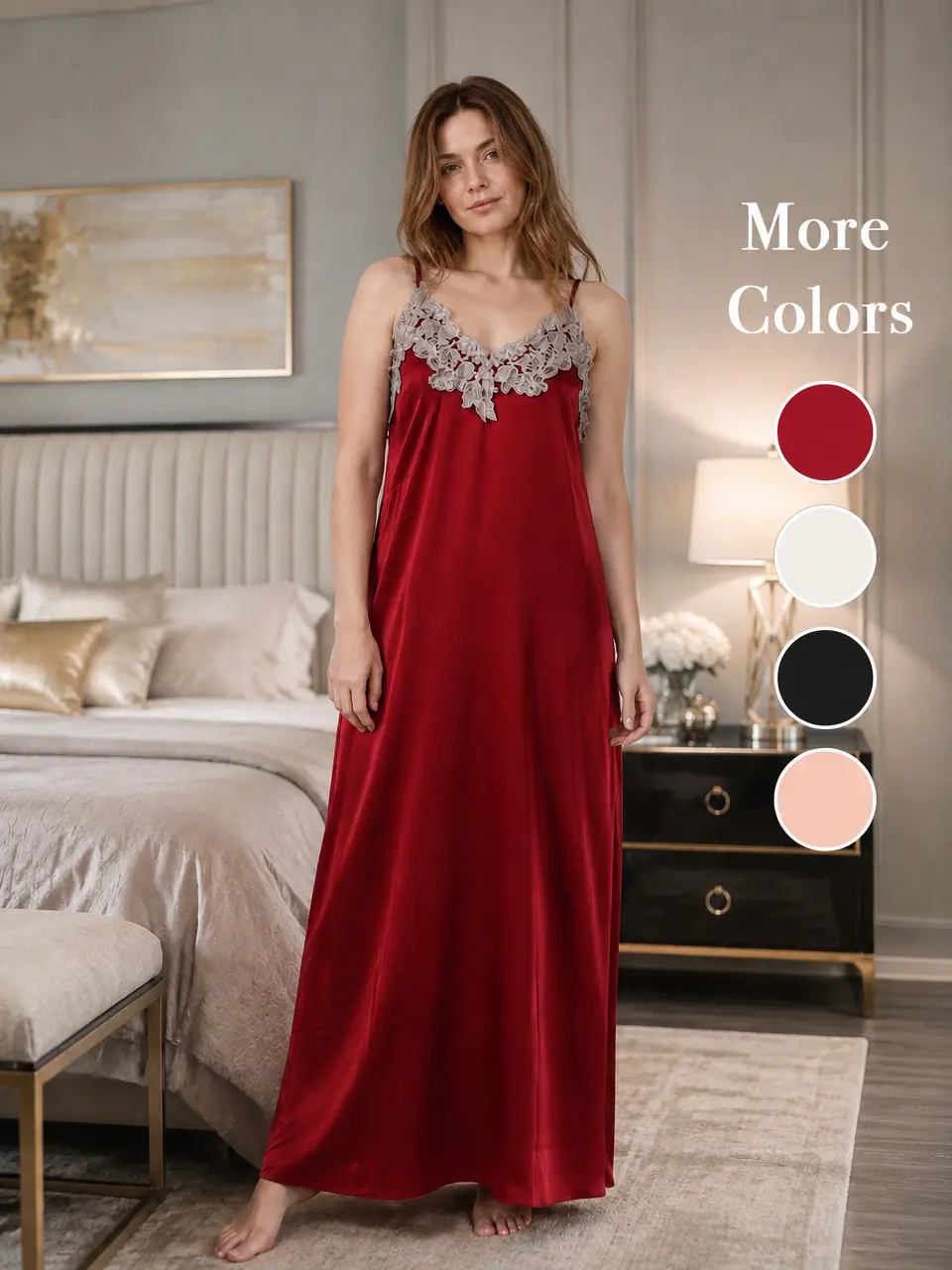 Women's Feminine Bridal Lace-Embroidered V-Neck Backless Slip Nightgown, Adjustable Spaghetti Straps, Thin Solid Fabric Silky Smooth Lightweight Plus-Size Loungewear Dress