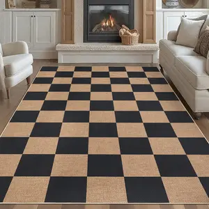 Garvee 8x10 Easy Jute Area Rugs for Living Room Checkered Rugs Machine Washable Non-Slip Backing Indoor Outdoor Carpets for Farmhouse Dining Room Nursery Patio Black Tan