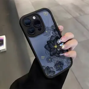 Phone Case - 1pc Dark Blue Golden Line Floral Butterfly Pattern Matte Frosted TPU Phone Case for iPhone 17 E Air Pro ProMax iPhone16 15 14 Plus 13 12 Mini 11 X XS XR Fashion Protective Soft