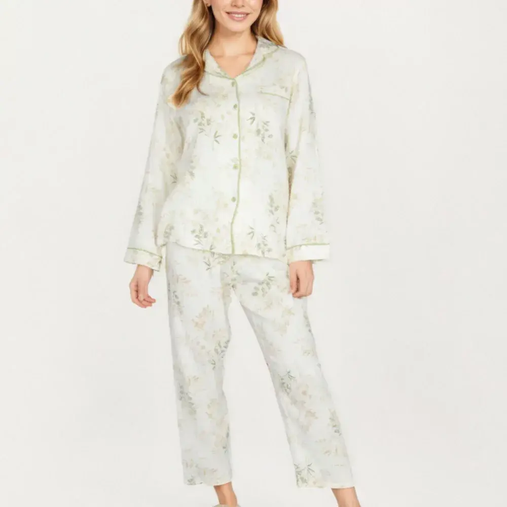 Anna-Kaci Lounge Women's 2-Piece Set Long Sleeve Button Front Top and Relaxed Fit Pants Pajama Set with Botanical Print - Small Light Beige