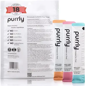 Purrly Cat Treat Snack Wet Lickable Low Calorie Healthy Grain-Free Tuna Variety Packs (18 Count) Squeezable Creamy Purée with Human-Grade Proteins and Functional Nutrients No-Artificial-Additives
