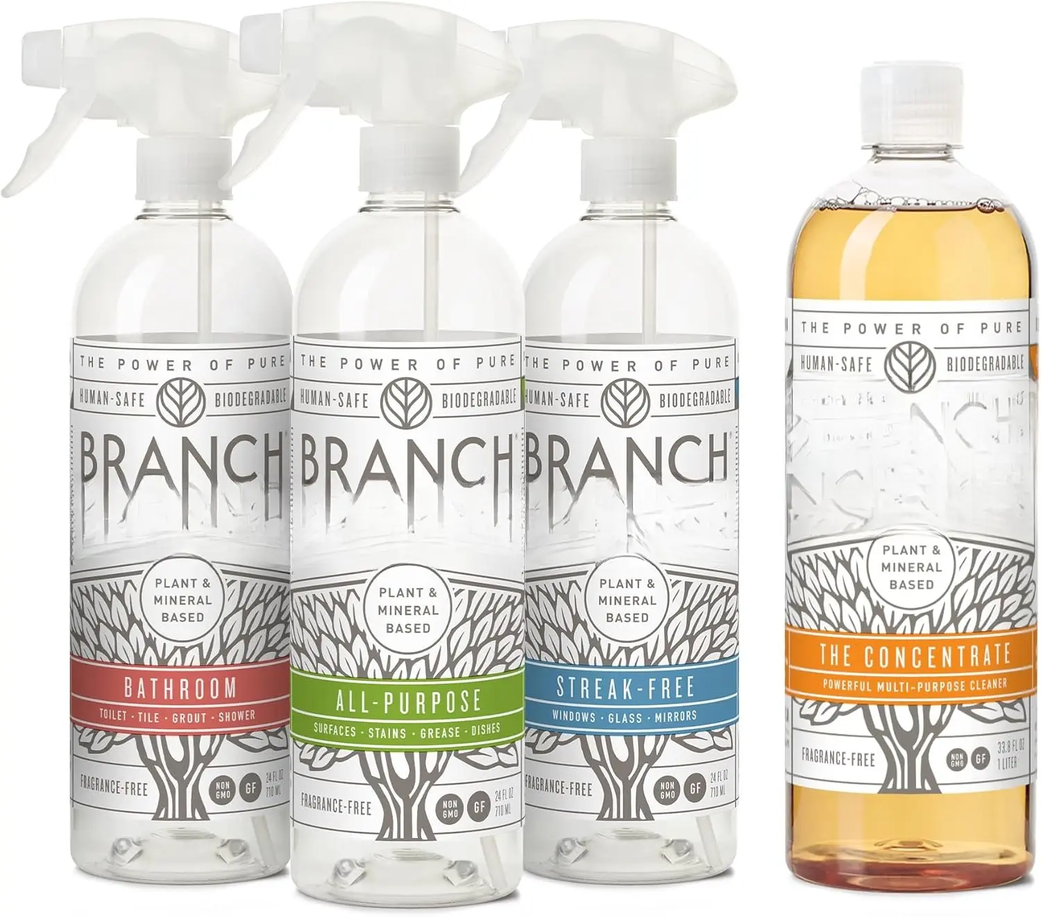 Cleaning Essentials Kit: All Purpose Spray, Glass Cleaner, and Bathroom Cleaner - Concentrate (33.8 Oz) + Plastic Spray Bottles for Cleaning (24 Oz) , -Free