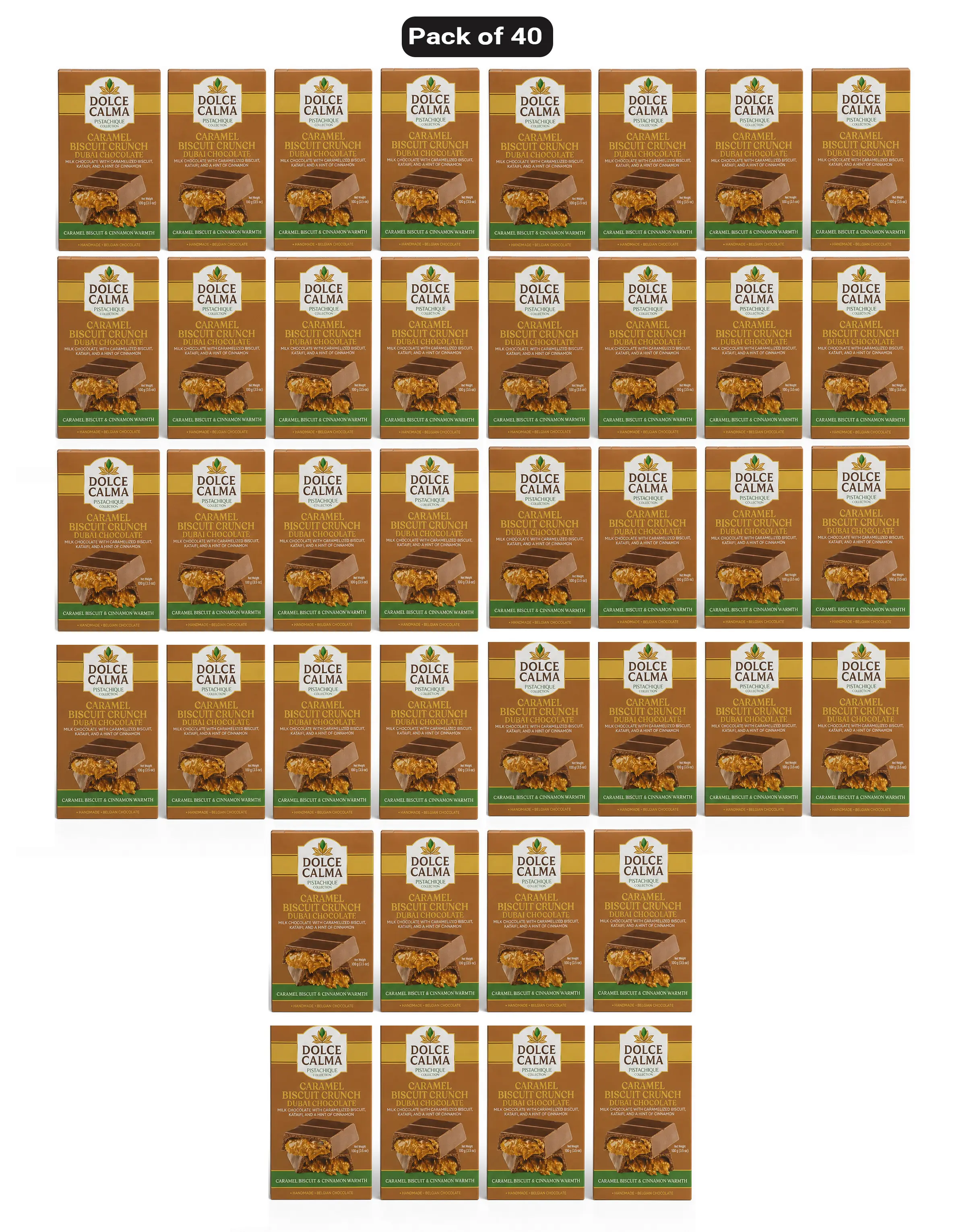 Dolce Calma Dubai Chocolate Bar Caramel (100g / 3.5oz) – Viral Authentic Handmade Belgian Chocolate with Turkish Pistachio & Crispy Kataifi, Premium Candy, Luxury Cream Kunafa Filling- Pack of 40