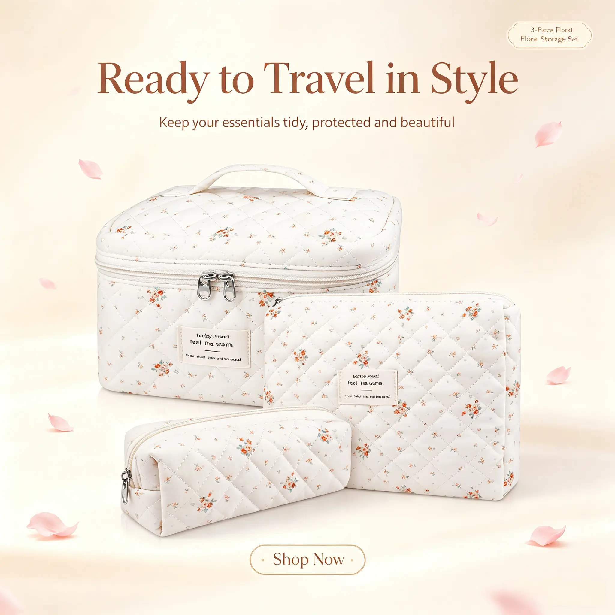3Pcs Floral Quilted Cotton Makeup Bag Set, Cute Cosmetic Organizer, Portable Travel Toiletry Bag for Women, Large Capacity Storage Pouches
