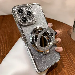 [LX]Glitter Rhinestone Phone Case With Mirror Holder A Fashionable Phone Protective Cover Phone Accessories For IPhone 16 15 14 13 Pro Max  With A Lens Protective Film And Has A Luxurious Full-Rhinestone Edging   Iphone 16 Pro Max Case Lens Protector