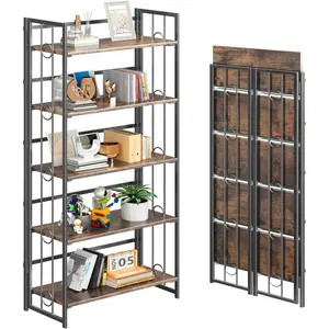 4NM No Assembly 5 Tiers Folding Bookshelf Storage Shelves Vintage Bookcase Standing Racks Study Organizer Home Office - Rustic Brown Black
