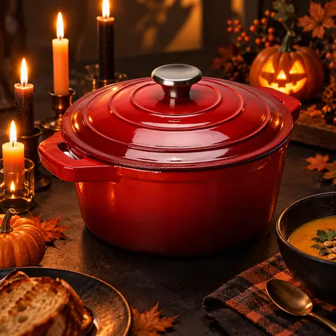 【Halloween Deals】 5QT Red Food-Grade Enameled Cast Iron Dutch Oven - Heavy-Duty Tight-Fitting Lid, Durable Core, Non-Stick, All Stovetop Compatible, Oven Safe up to 500°F, Easy Clean for 3-6 People Family Meals, Friends Gatherings, Holiday Baking