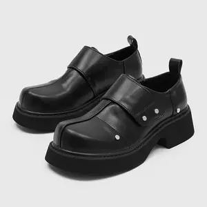 Men's black studded strap platform loafers, chunky slip-on casual shoes, edgy streetwear design