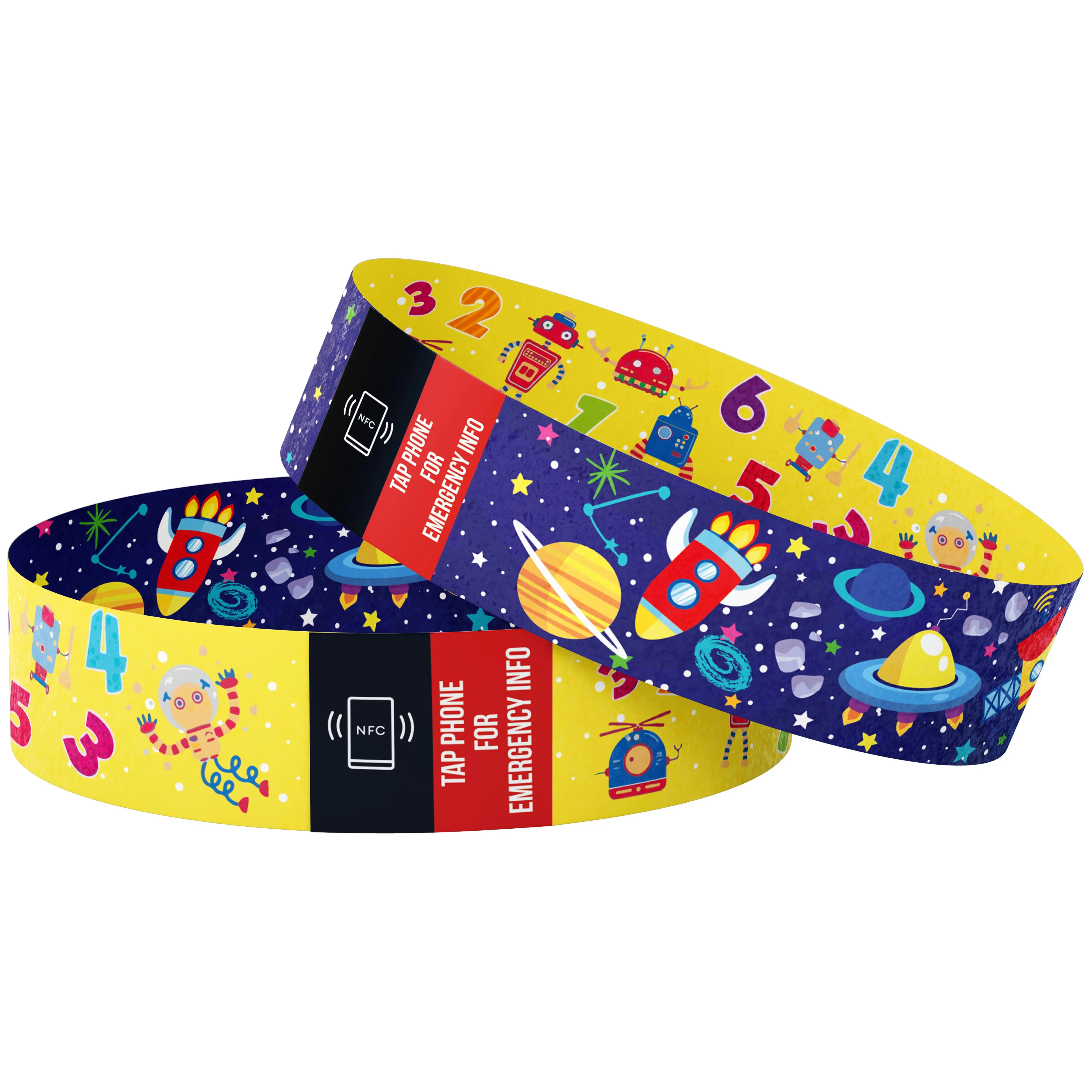 Children Smart ID Wristband providing instant access to emergency contacts, allergies, and medical info with a quick smartphone tap, no apps needed!