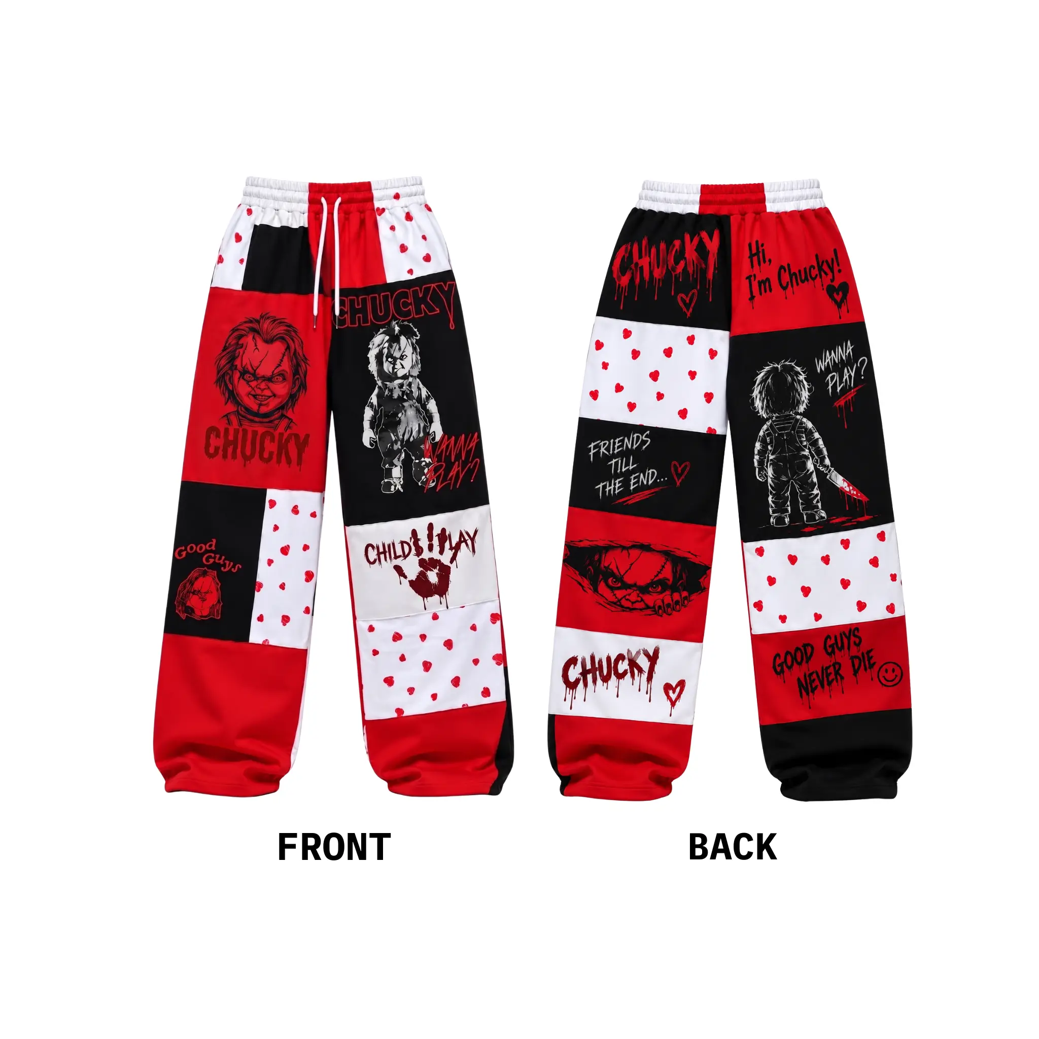Horror Doll Loose Sweatpants, Red Black Patchwork Wide Leg Pants, Spooky Doll Graphic Lounge Trousers, Unisex Halloween Gift