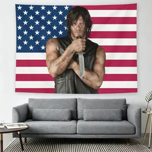 Da-ryl Di-xon Red White & Blue American Flag Wall Flag, The Walking Dead Print, Mid-century Modern Black Flash Manga Style, Y2K Aesthetic, For Adult Fans, TV Show Decor, Man Cave Living Room Tapestry