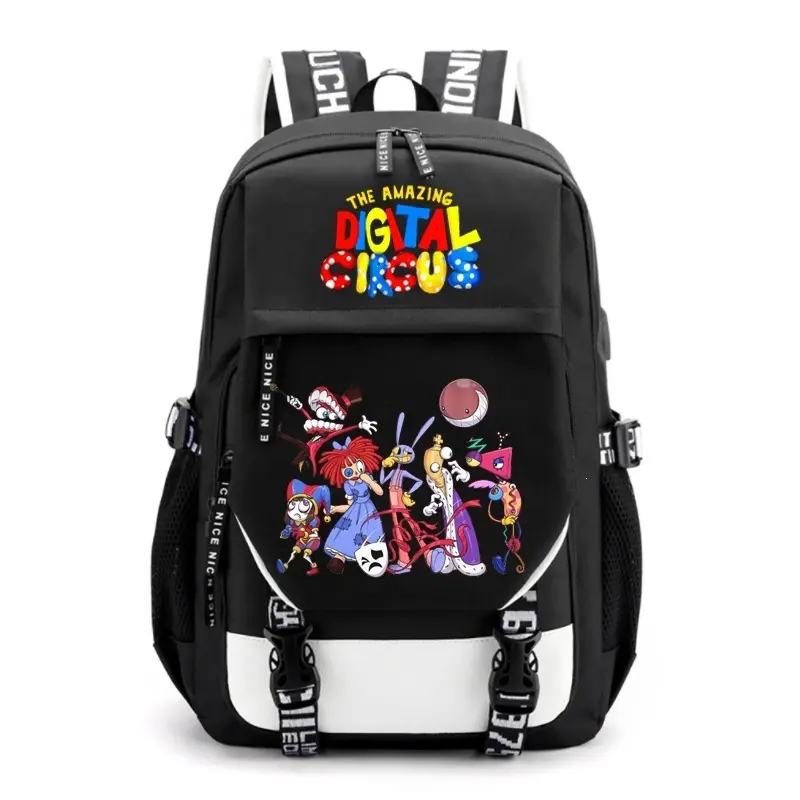 Cartoon Circus Character Graphic Backpack, Black White Contrast Casual Daypack, Large Capacity Multi Pocket Outdoor Travel Shoulder Backpack