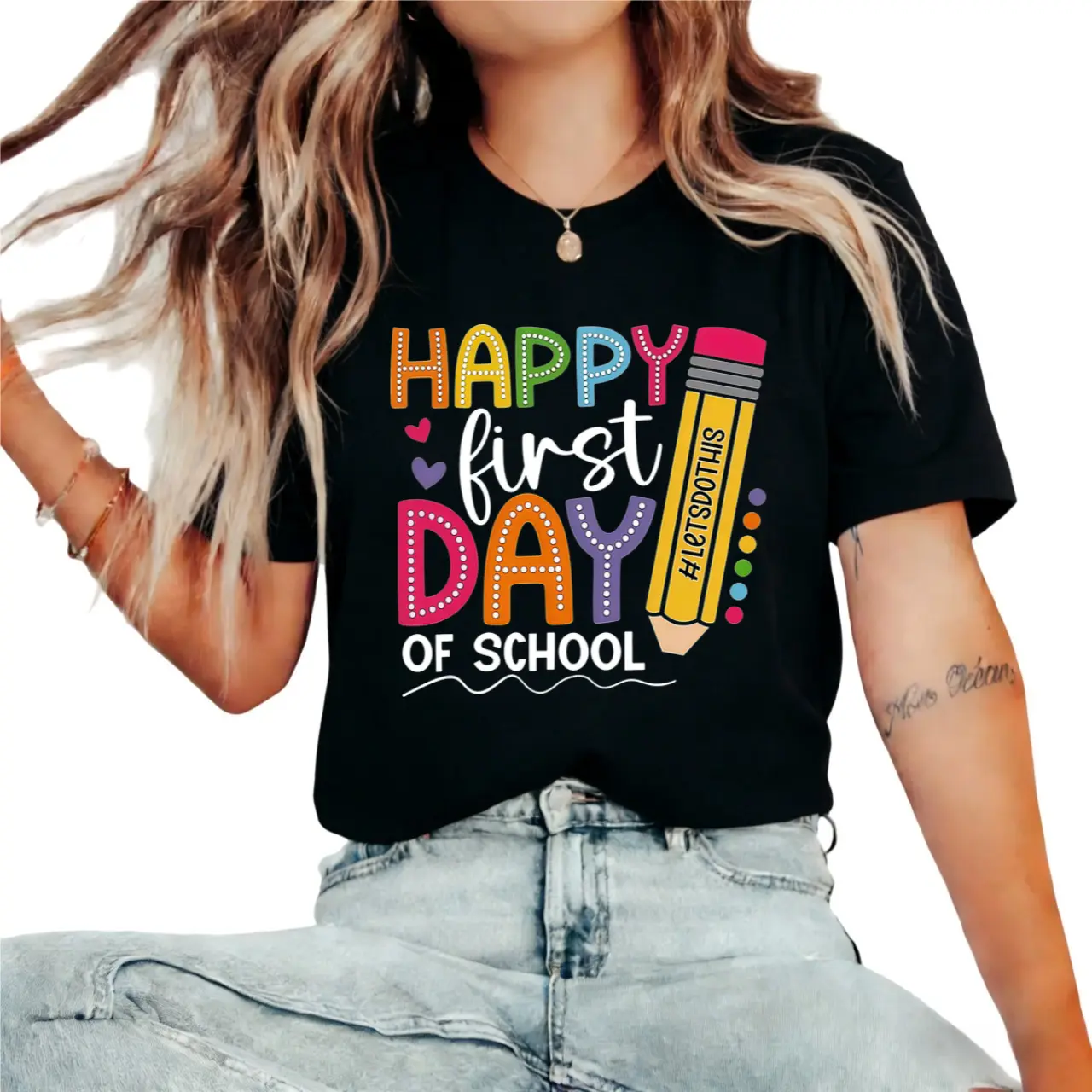 Women's Cotton Comfortable Athletic Short-Sleeve Apparel, Happy School Day Print Casual Summer Graphic T-Shirt for Students,clothes for back to school,first day of school outfits