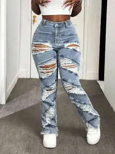 Women's New Fashion Denim Skinny Fit Jeans, Elastic Comfortable Trendy Streetwear Ripped Design, Washed Craftsmanship Long Pants for Women
