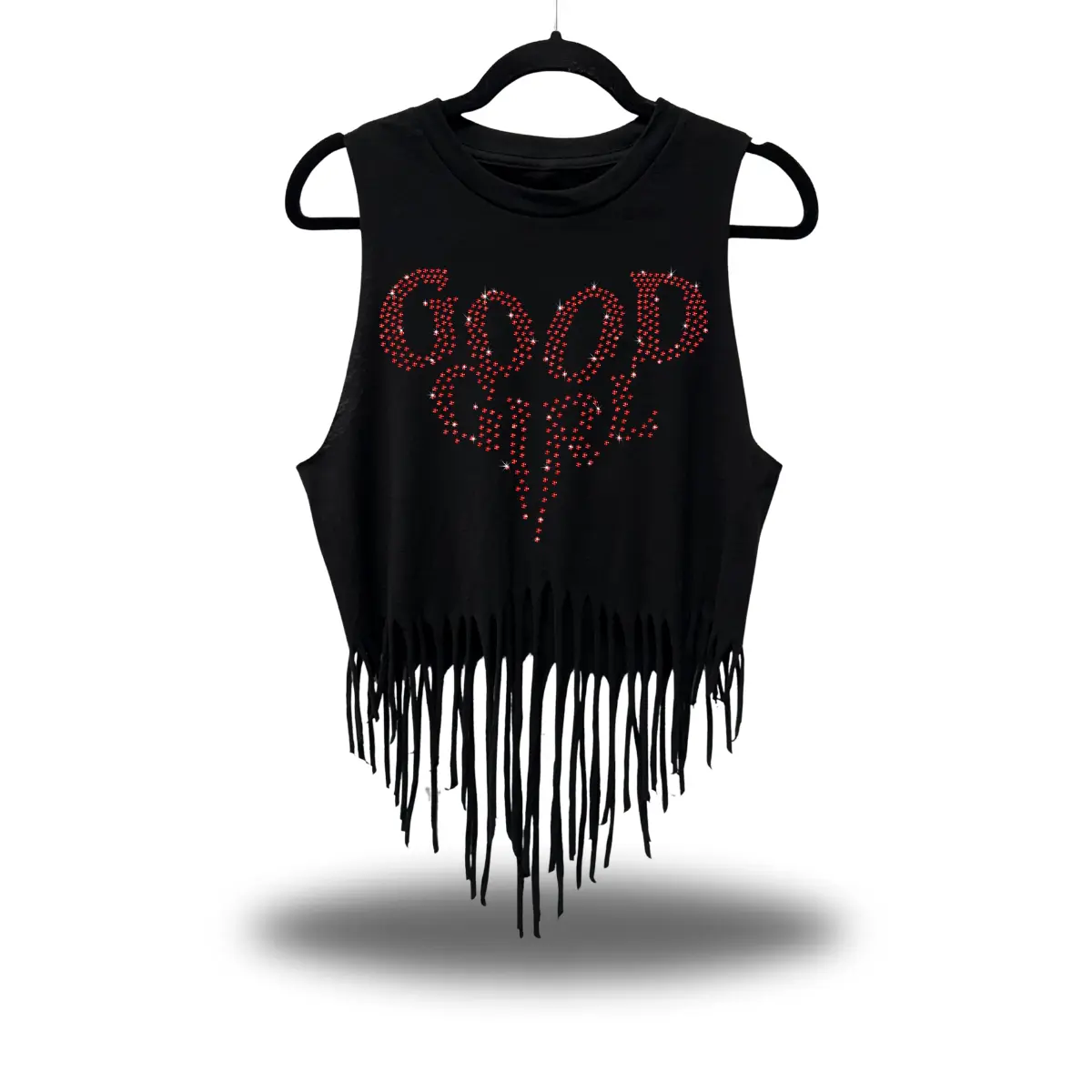 Lady's Sleeveless Western Fringe Crop Tank Top - Good Girl Style, Red Rhinestones, Casual Piece, Women's Shirts, Statement