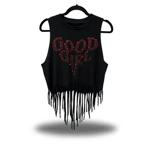 GOOD GIRL RED RHINESTONES WESTERN FRINGE CROP TANK TOP