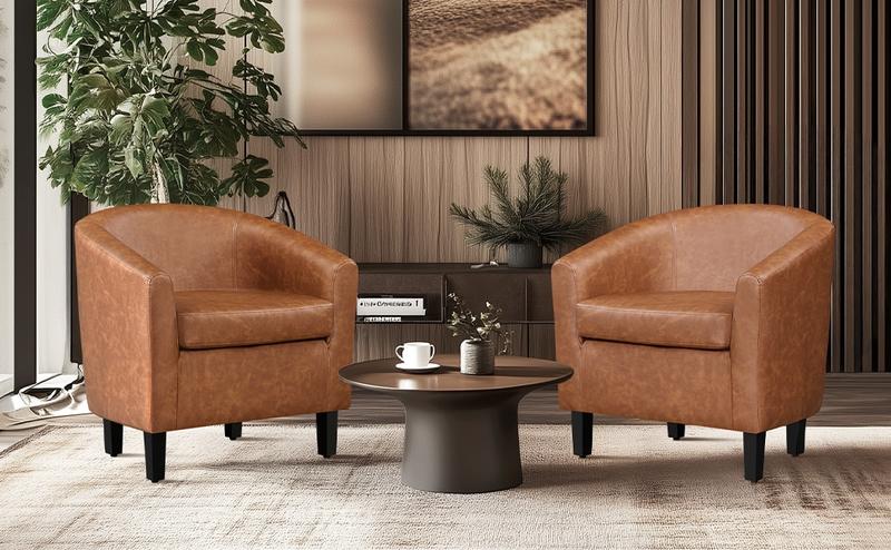 Yaheetech Faux Leather Club Chair Accent Arm Chair Artificial Leather Barrel Chair Contemporary Style for Living Room Bedroom Reception Room