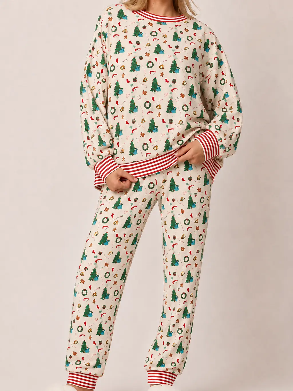 Women's 2-Piece Christmas Pajama Set - Long Sleeve Top & Pants, Soft Cozy Style, Xmas Tree Gingerbread Candy Print Holiday Winter Sleepwear Loungewear Homewear