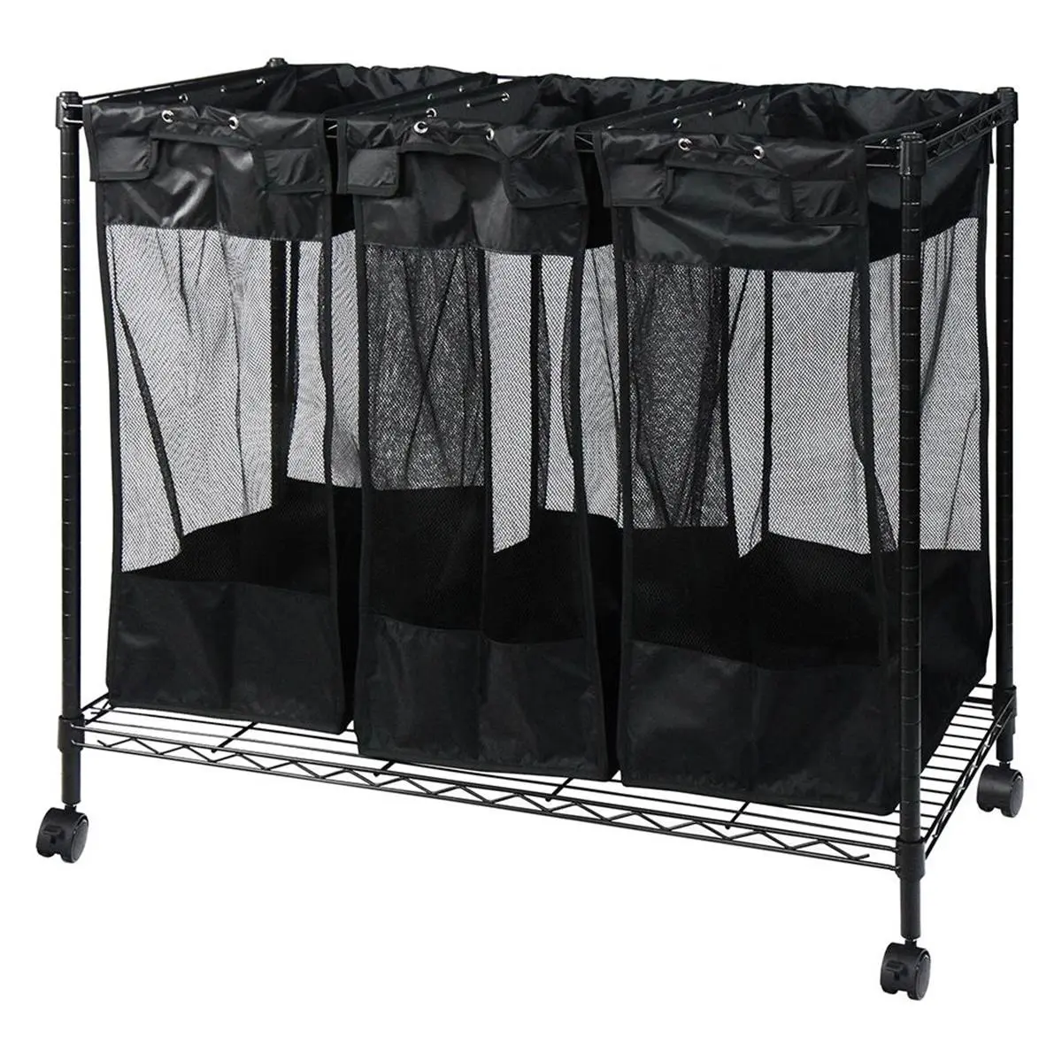 212 MAIN Triple Storage Organizer & Sorter Laundry Hamper - 3 Bags, Metal Frame, Adhesive Patch, Airflow Mesh, Black Home Supply Accessory, Three Bags