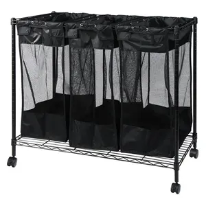 212 MAIN Triple Storage Organizer & Sorter Laundry Hamper - 3 Bags, Metal Frame, Adhesive Patch, Airflow Mesh, Black Home Supply Accessory, Three Bags
