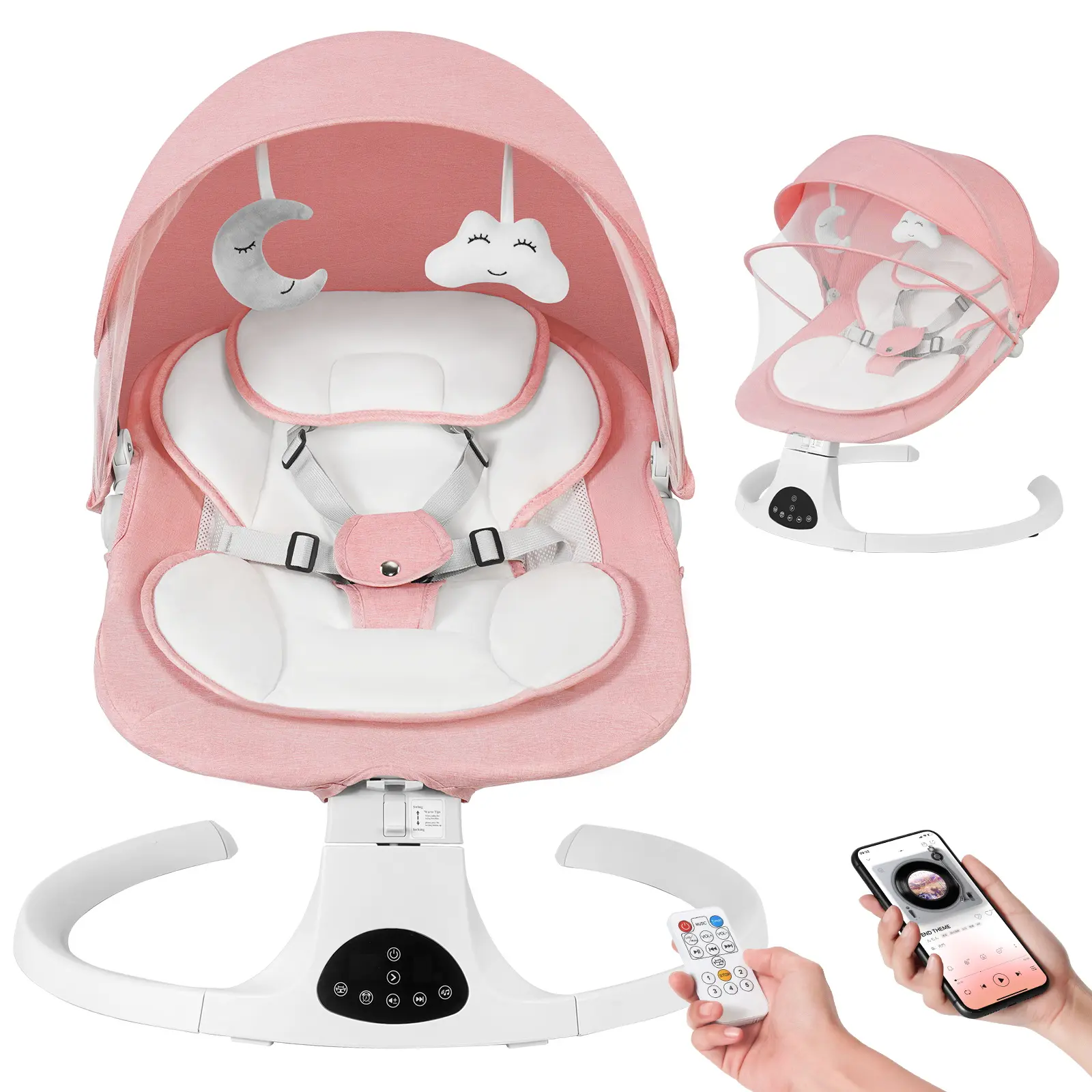 【Deal】Electric Baby Swing, with 5 Speeds,10 Music and Bluetooth,Adjustable Sound Volume,Electric Bouncer for Babies,Indoor Use Baby Rocker,Remote Control,Pink，Portable Swing for Baby Boy Girl,newborn essentials,newborn baby stuff,backtoschool