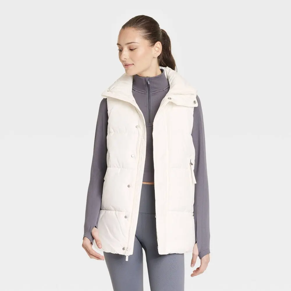 All In Motion Women's Long Puffer Vest Sleeveless Jacket Length, Zipper, Polyester All In Motion Women's Long Puffer Vest Sleeveless Jacket Length, Zipper, Polyester