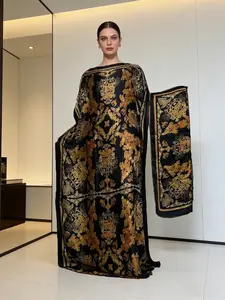 Luxurious Vintage Emblem Caftan Dress in Gold Satin, Loose Fitting with Gold Floral Prints, Perfect for Formal Evening Party & Cocktail Events