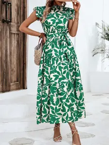 A women's fashionable printed ruffled puff sleeve stand collar tie-up fairy dress, suitable for summer, beach vacations, dates, gatherings, and other casual occasions.