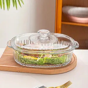 Transparent Glass Oval Casserole Dish with Lid & Handle, 1 Count Heat-resistant Vertical Stripe Design Baking Dish, Serving Dish for Home Kitchen