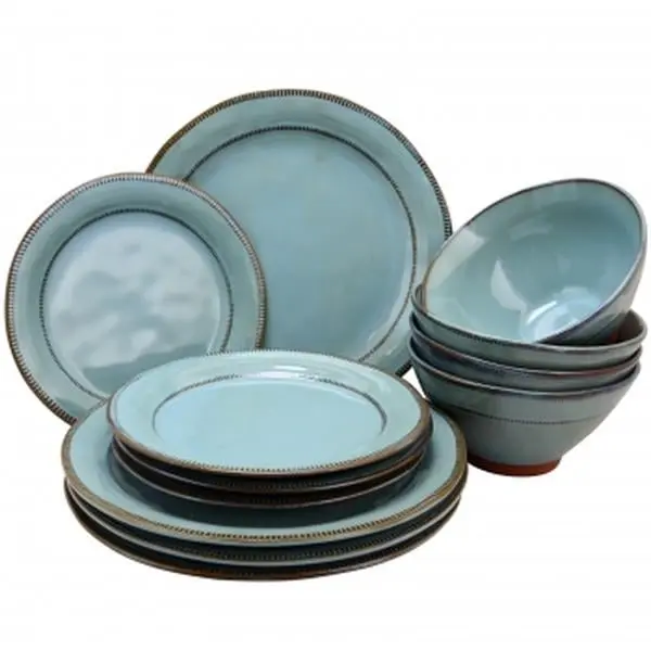 Gibson Elite Terranea 12-Piece Round Terracotta Tableware Set - Teal, Includes Bowls and Plates (116888.12), Bowl