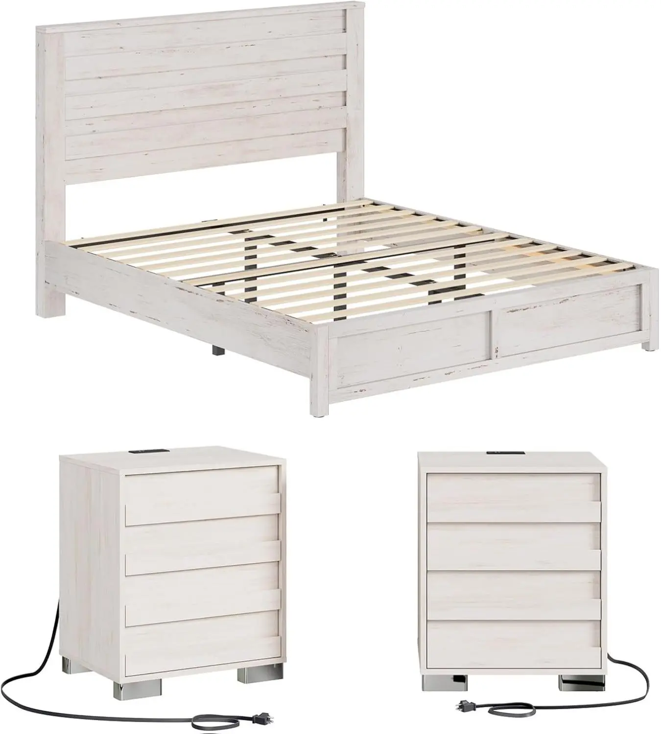 [SummerSale]Amerlife 3-Piece Farmhouse Multi-Part Bedroom Set Furniture - Full Size Bed Frame with Slatted Headboard, 2-Piece Nightstand Sets with Charging Station, Distressed White