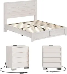 AMERLIFE 3 Piece Bedroom Set, Including Farmhouse Full Size Bed Frame with Slatted Headboard, Nightstands Set of 2 with Charging Station for Bedroom, Distressed White