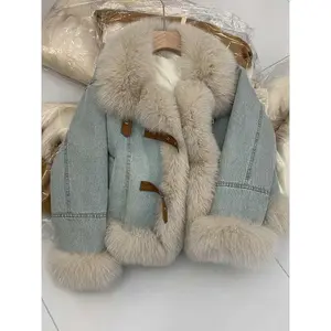 Women's leather collar senior jacket fashionable warm long sleeved plush blue jacket autumn and winter retro faux fur loose thick jacketRAIMENTRY